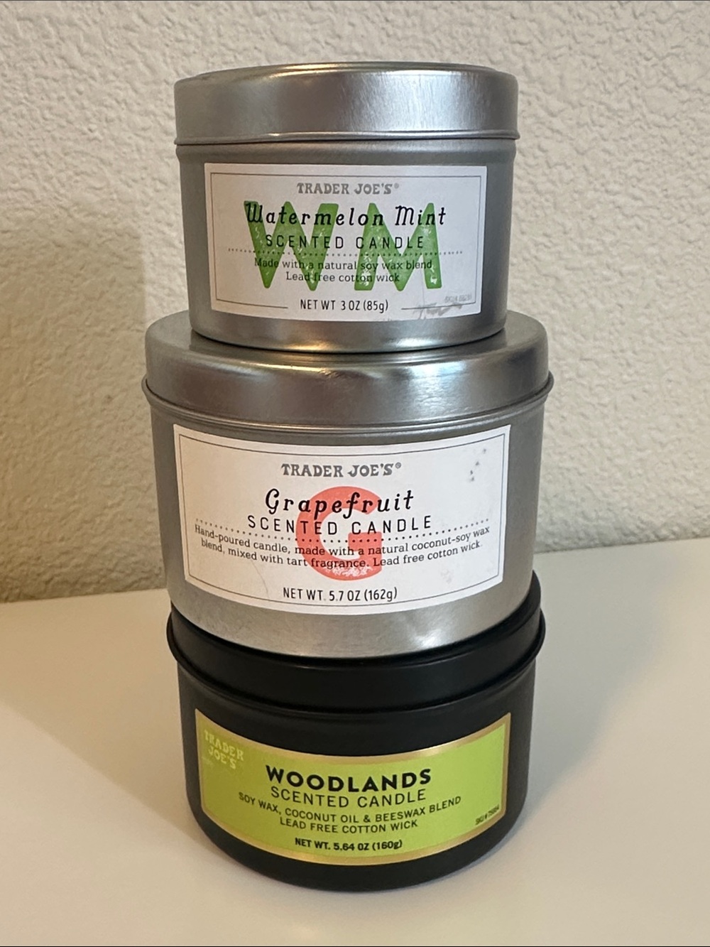 Trader Joe's Watermelon Mint, Grapefruit & Woodlands Scented Candles (Set of 3)